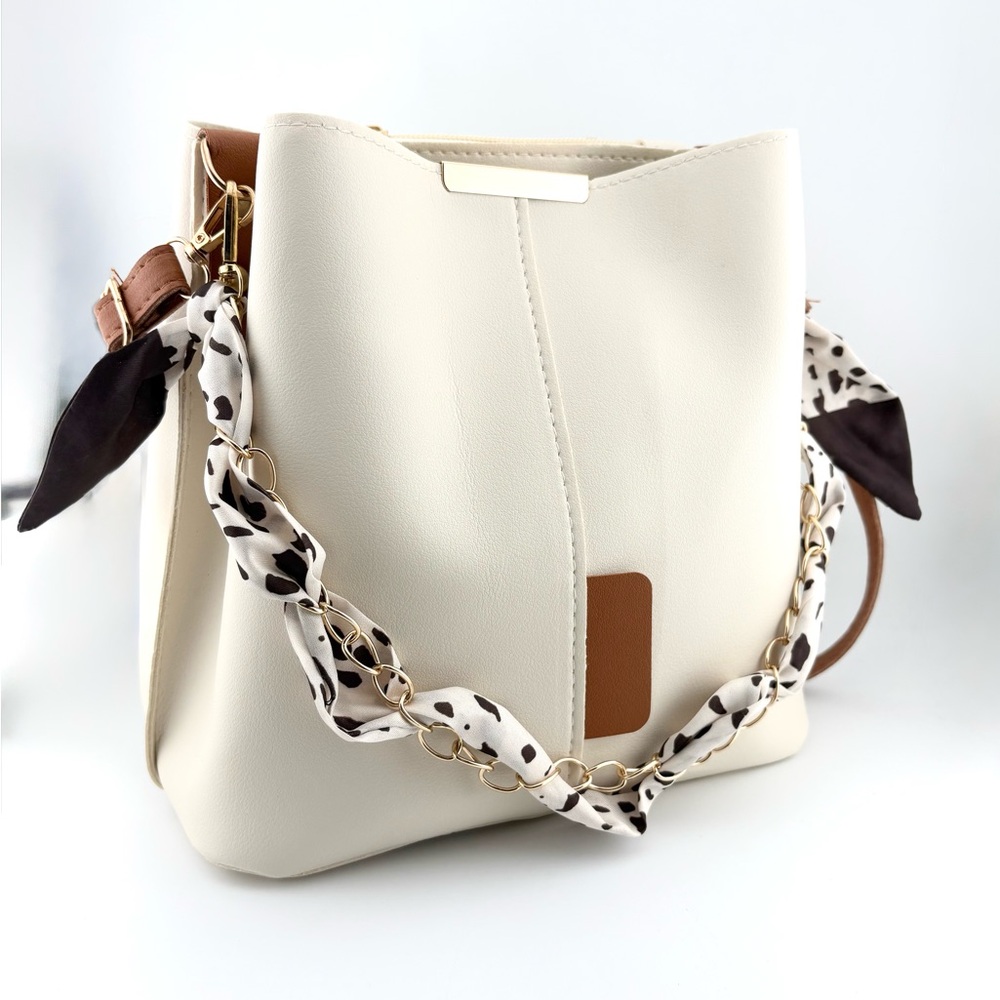 Cream Shoulder Bucket Bag with Brown Accent and Scarf-Chain Strap